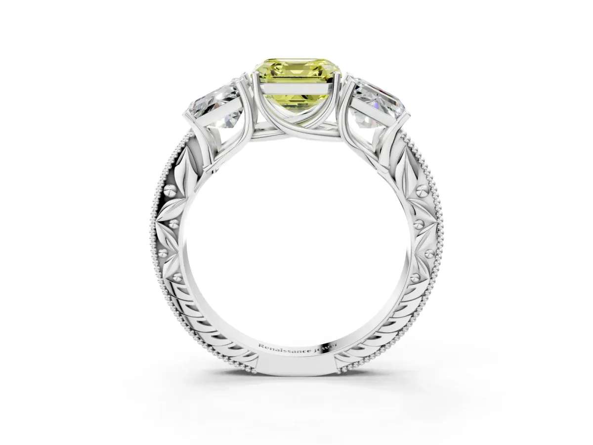 Fancy Yellow Three-Stone Asscher Cut Cut Milgrain Pavé Engagement Ring Platinum
