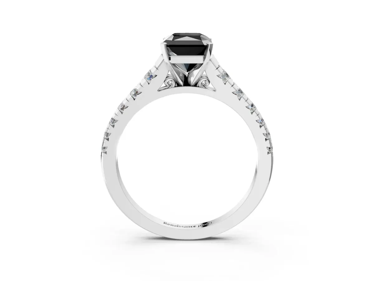 Fancy Black Radiant Cut Diamond Cathedral Solitaire Ring with Round Pavé Band Silver