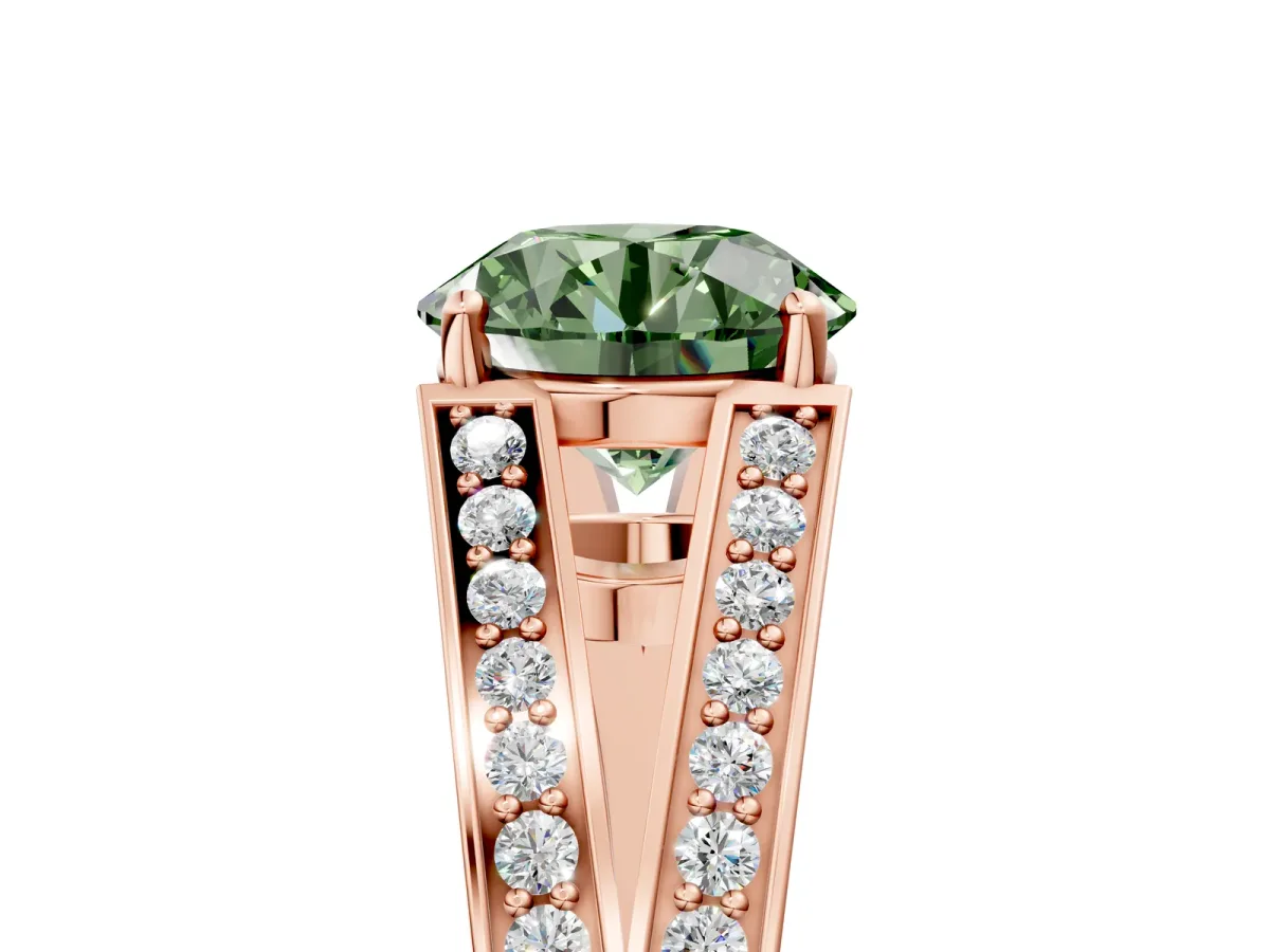 Fancy Green Round Cut Diamond Split Shank Ring with Pavé Band and Four-Prong Setting Rose gold