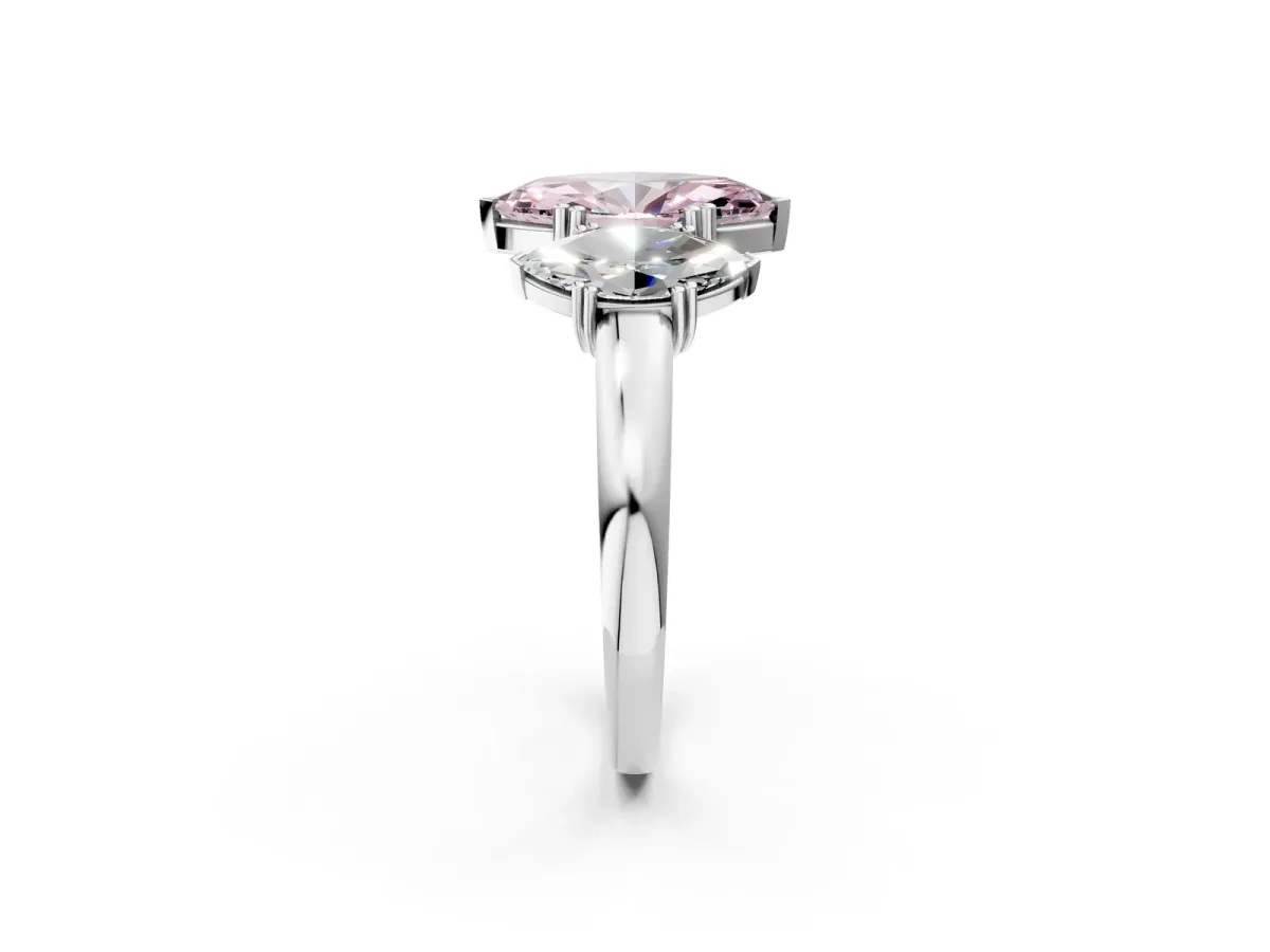 Fancy Pink Three-Stone Marquise Cut Cut Diamond Ring with Channel Set Band and Four-Prong Setting Silver