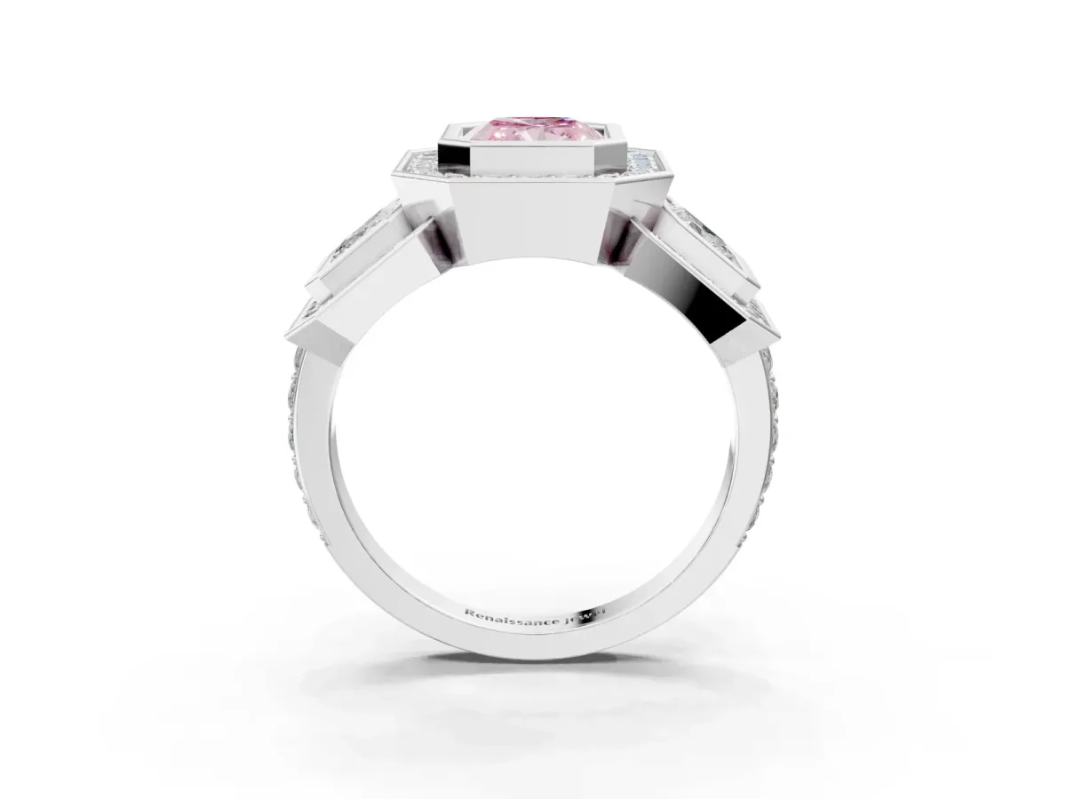 Fancy Pink Three-Stone Radiant Cut Halo Pavé Diamond Ring Platinum