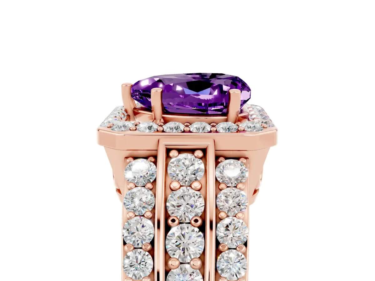 Heart Cut Halo Amethyst Ring with Round Split Shank and Prong Setting Rose gold