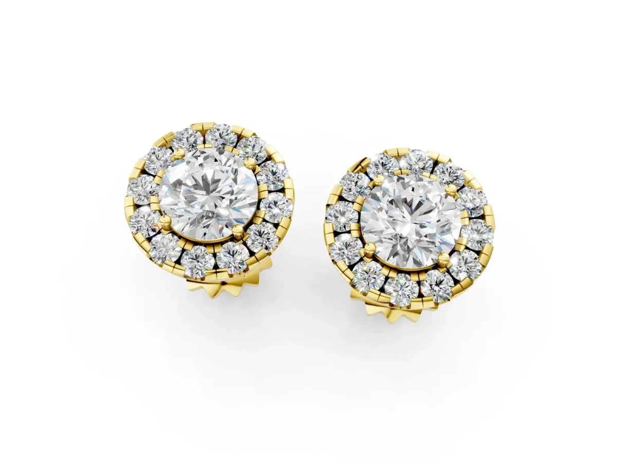 Round Cut Diamond Halo Stud Earrings Yellow gold