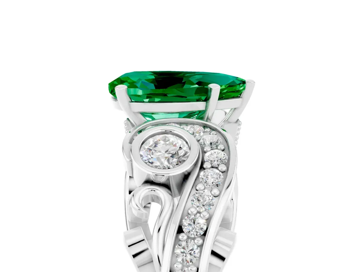 Pear Cut Emerald Solitaire Ring with Milgrain Pavé Band and Four-Prong Setting Platinum