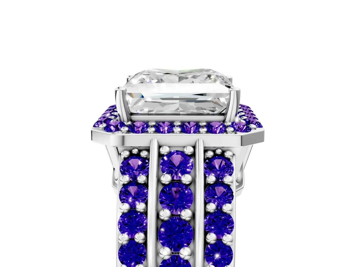 Princess Cut Halo Diamond Ring with Round Tanzanite Split Shank and Prong Setting Silver