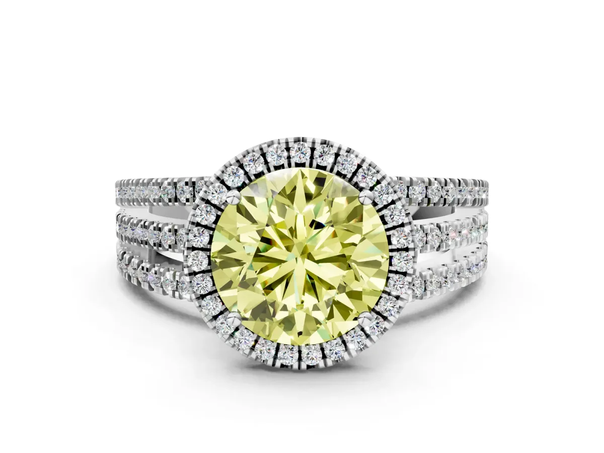 Fancy Yellow Round Cut Diamond Halo Engagement Ring with Split Shank and Four-Prong Setting Platinum