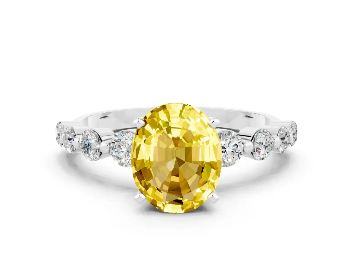 Oval Cut Solitaire Yellow Sapphire Ring with Pave Band and Four-Prong Setting Silver