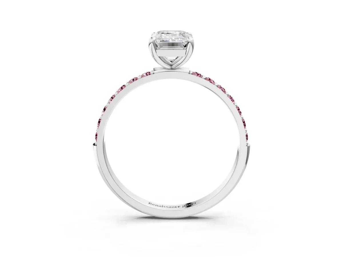 Emerald Cut Diamond Solitaire Ring with Round Morganite Pavé Band and Prong Setting Silver