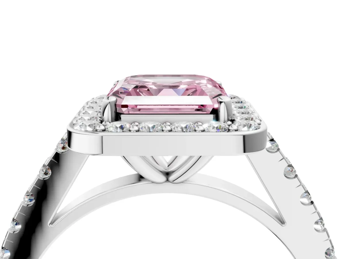 Fancy Pink Asscher Cut Diamond Halo Ring with Round Pavé Split Shank and Prong Setting Platinum
