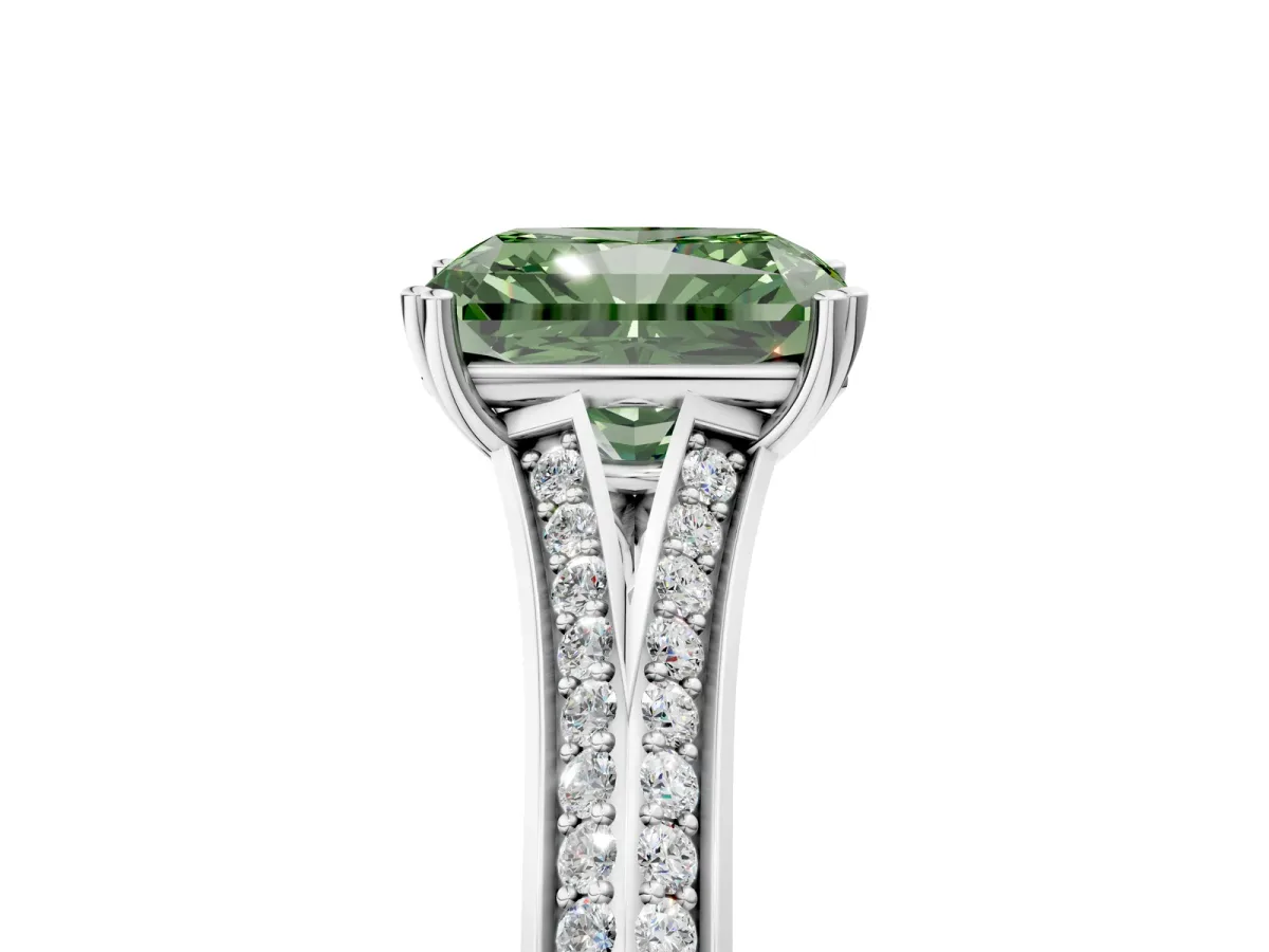 Fancy Green Radiant Cut Diamond Split Shank Engagement Ring with Pavé Band Platinum