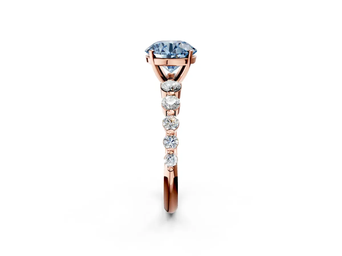 Fancy Blue Round Cut Solitaire Diamond Ring with Pave Band and Four-Prong Setting Rose gold