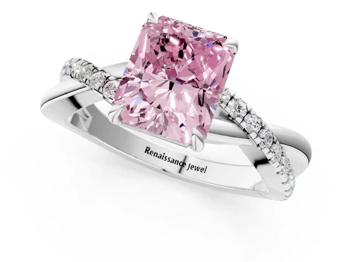 Fancy Pink Radiant Cut Cut Diamond Twisted Band with Pavé Setting and Four-Prong Setting Platinum