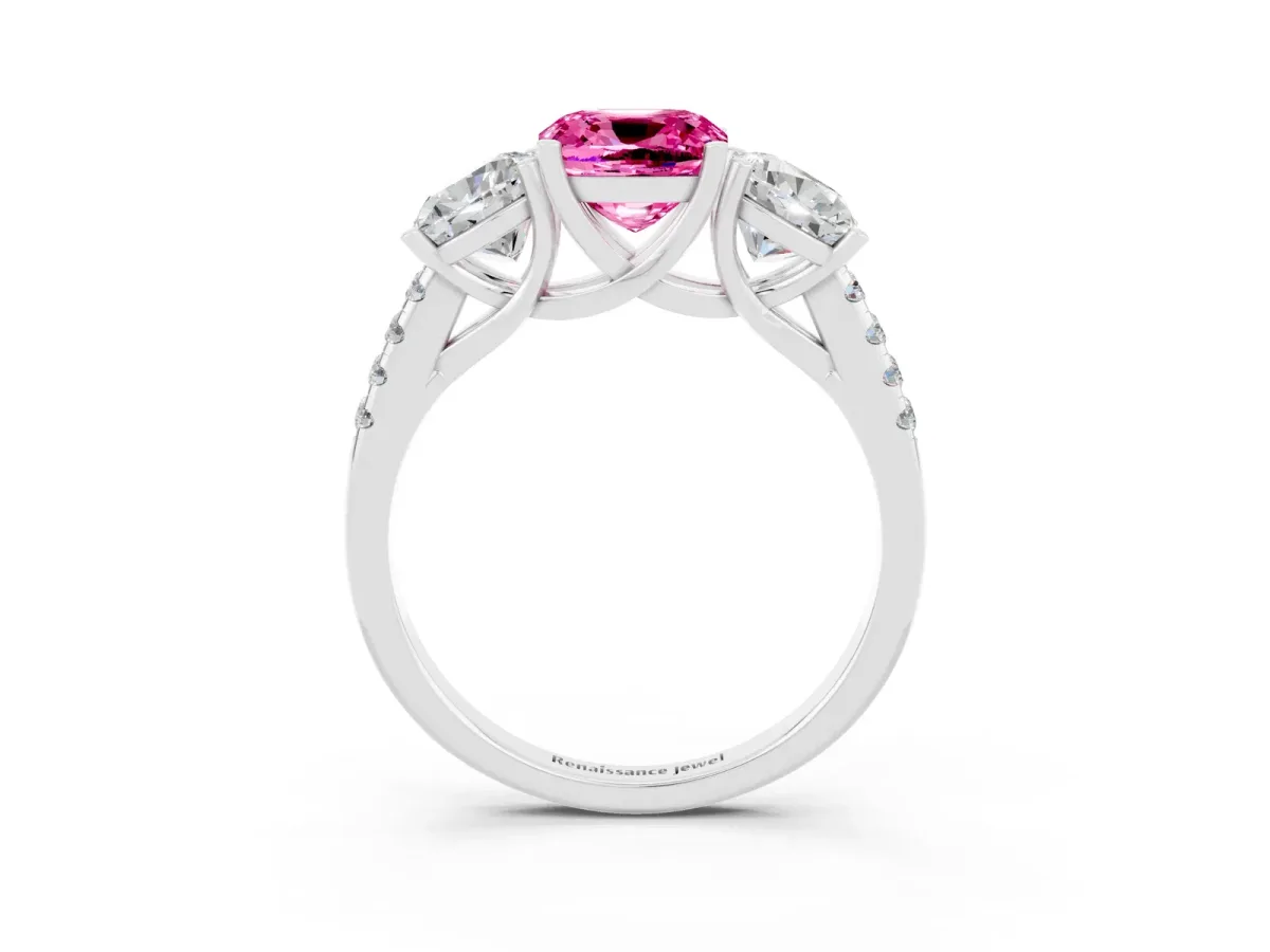 Three-Stone Cushion Cut Pink Sapphire Ring with Round Pavé Band and Prong Setting Silver