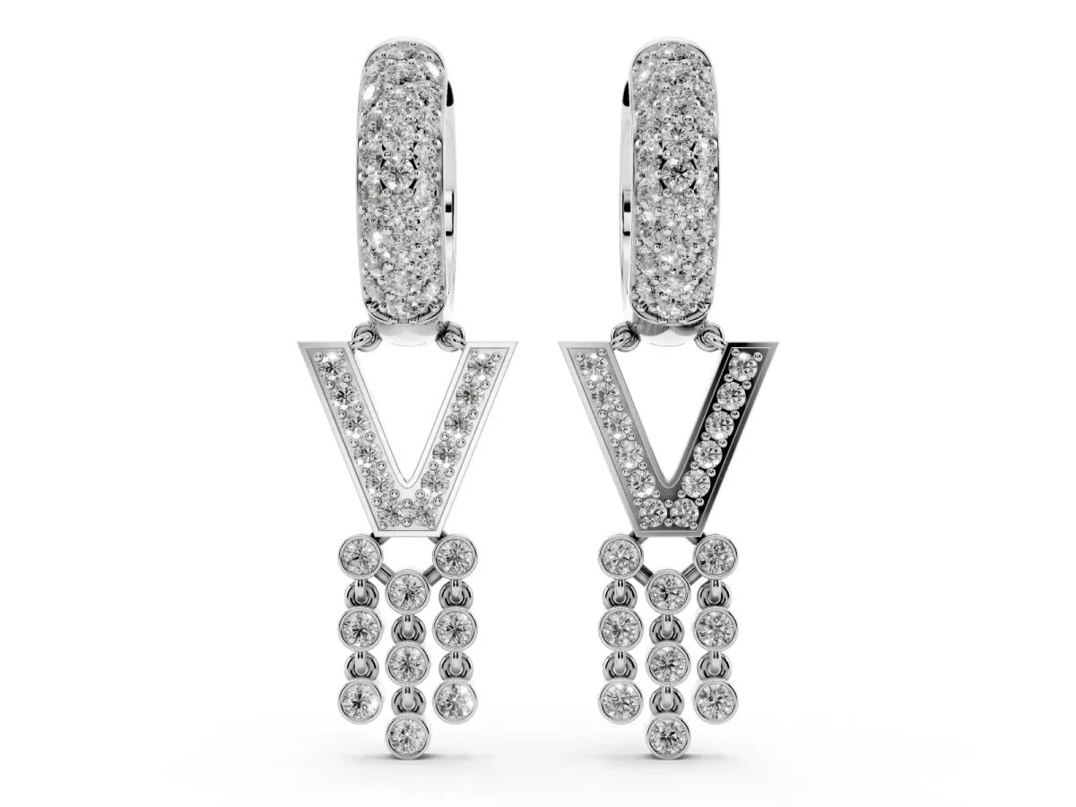 Round Diamond Initial V Huggie Hoop Earrings White gold