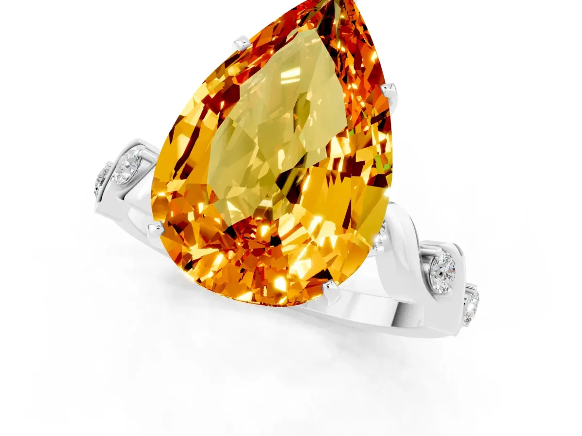 Pear Cut Citrine Solitaire Twisted Band with Round Accents and Prong Setting Silver