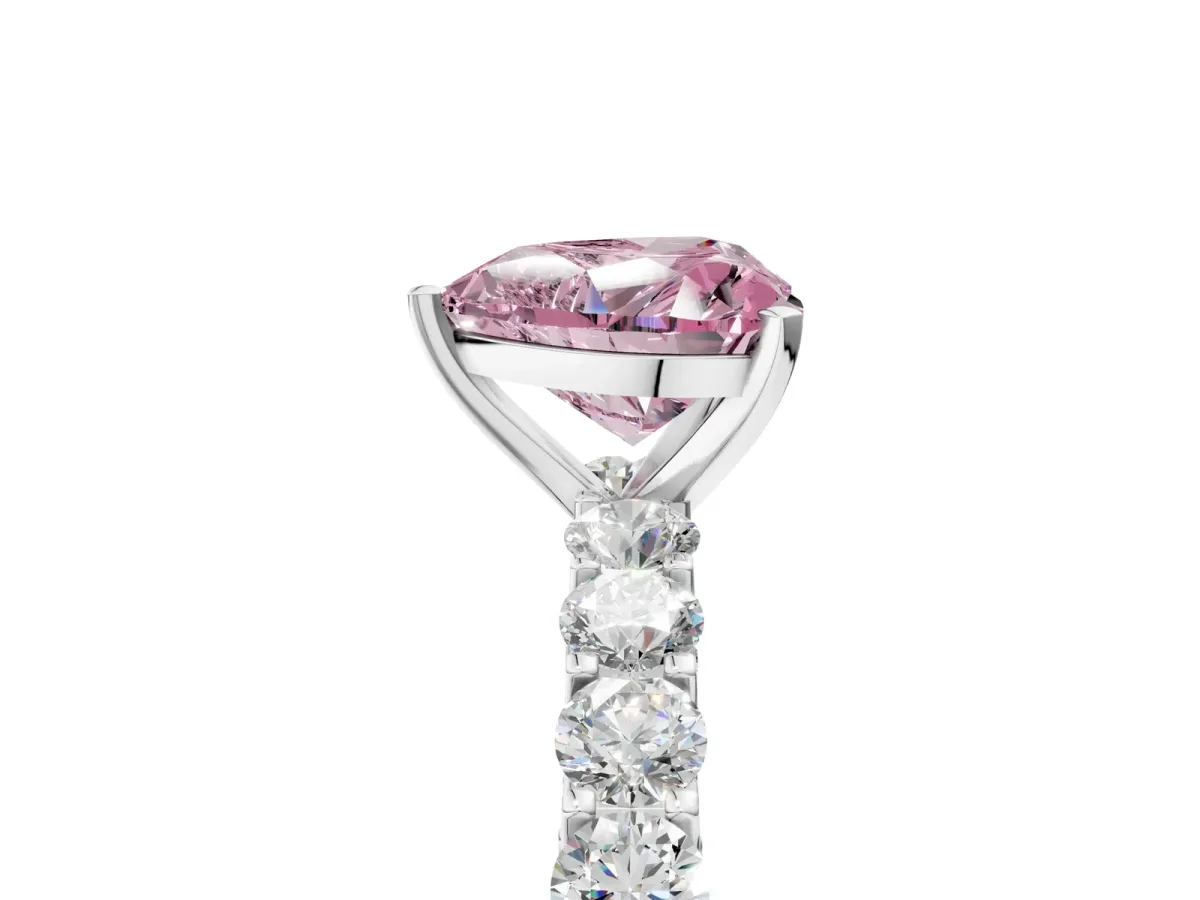 Fancy Pink Heart Cut Diamond Solitaire Ring with Shared Prong Pavé Band and Four-Prong Setting Platinum