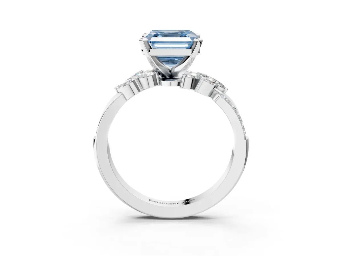 Fancy Blue Asscher Cut Solitaire Marquise Twist Band with Six-Prong Setting Platinum