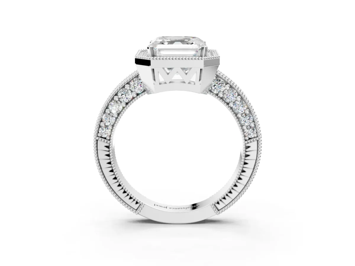 Asscher Cut Cut Halo Diamond Pave Band Ring with Four-Prong Setting Platinum