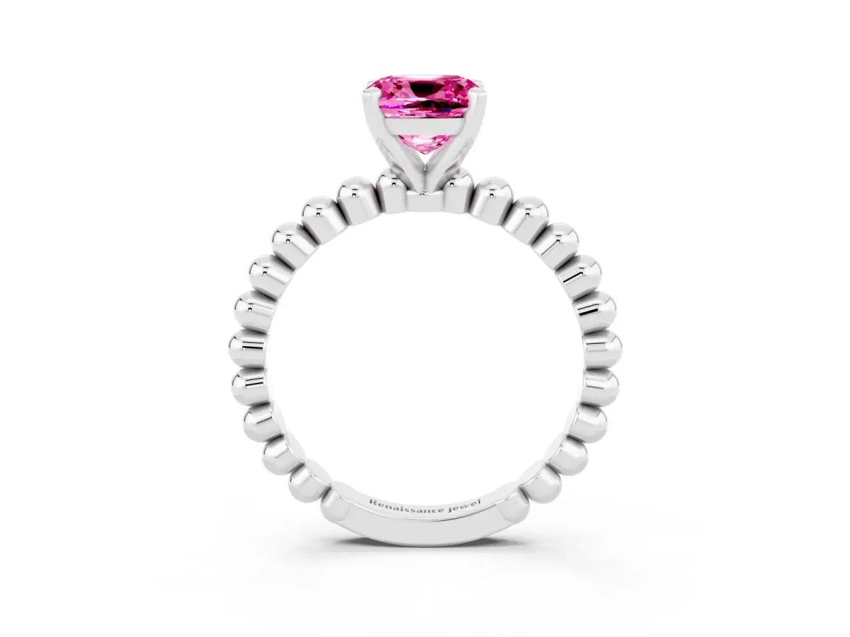 Cushion Cut Pink Sapphire Solitaire Ring with Beaded Band and Prong Setting Silver