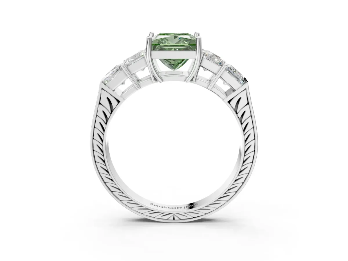 Fancy Green Princess Cut Solitaire Princess Side Stone Engraved Band Prong Setting Ring Silver