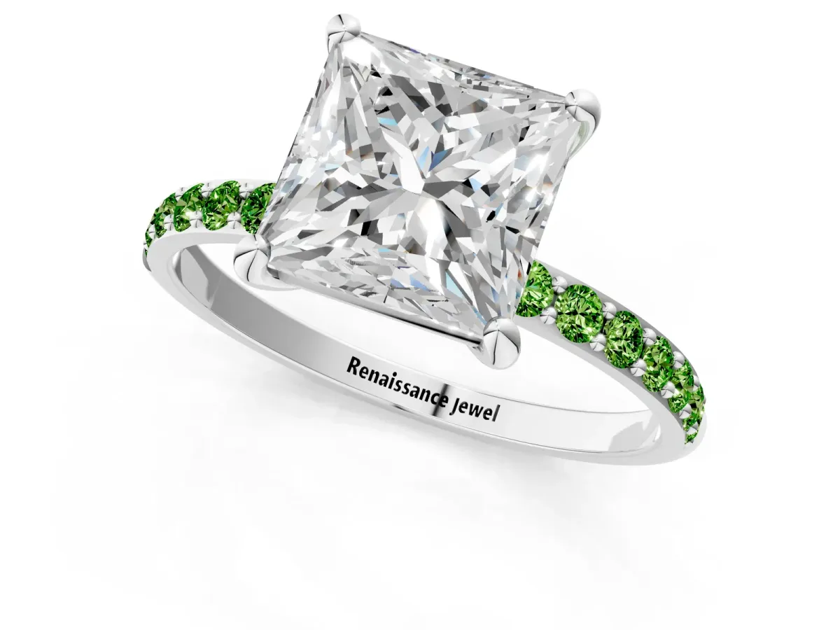 Princess Cut Diamond Solitaire Ring with Round Peridot Pavé Band and Prong Setting Silver
