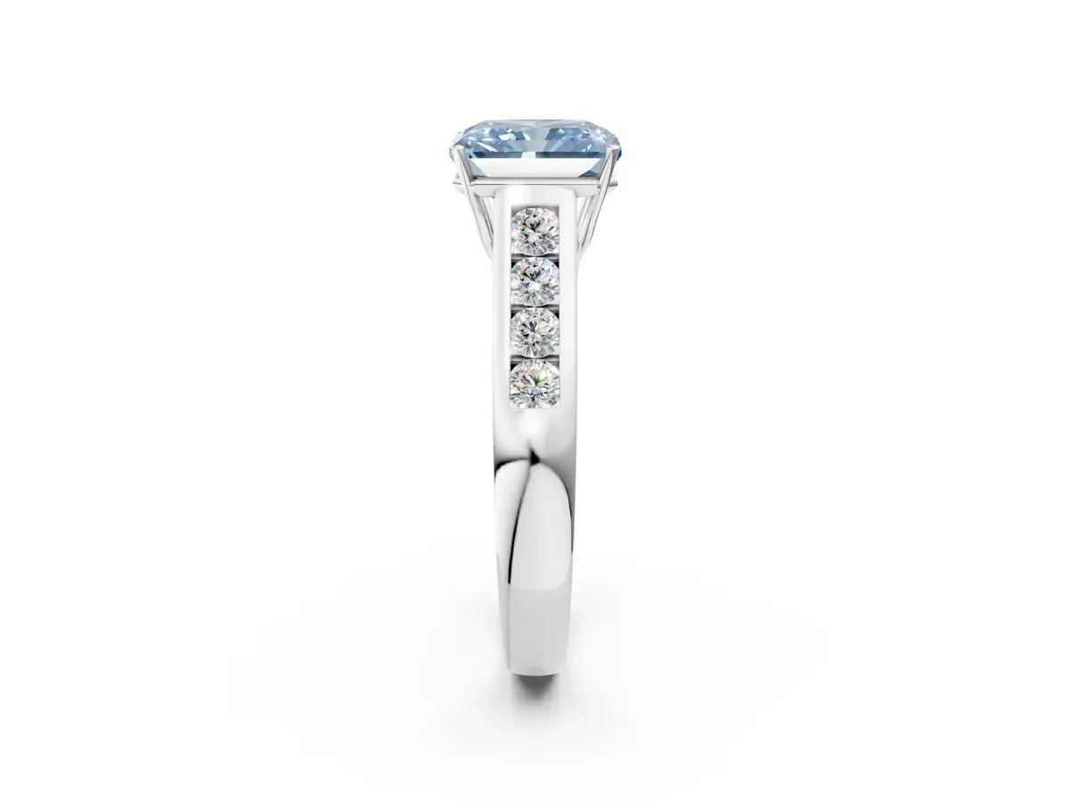 Fancy Blue Radiant Cut Solitaire Channel-Set Diamond Engagement Ring with Four-Prong Setting Platinum