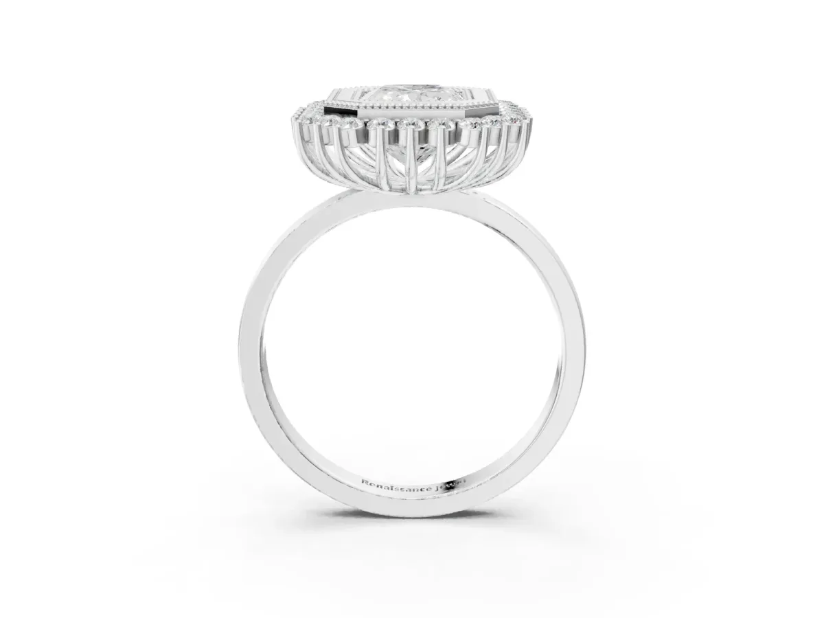 Radiant Cut Halo Diamond Ring with Milgrain Edge and Round Prong Setting Platinum