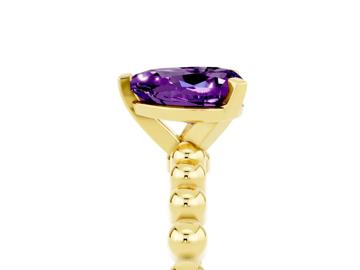 Heart Cut Amethyst Solitaire Ring with Beaded Band and Prong Setting Yellow gold