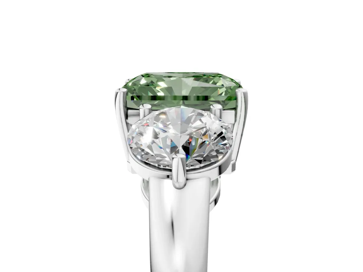 Fancy Green Radiant Cut Diamond Three-Stone Ring with Prong Setting and Classic Band Platinum