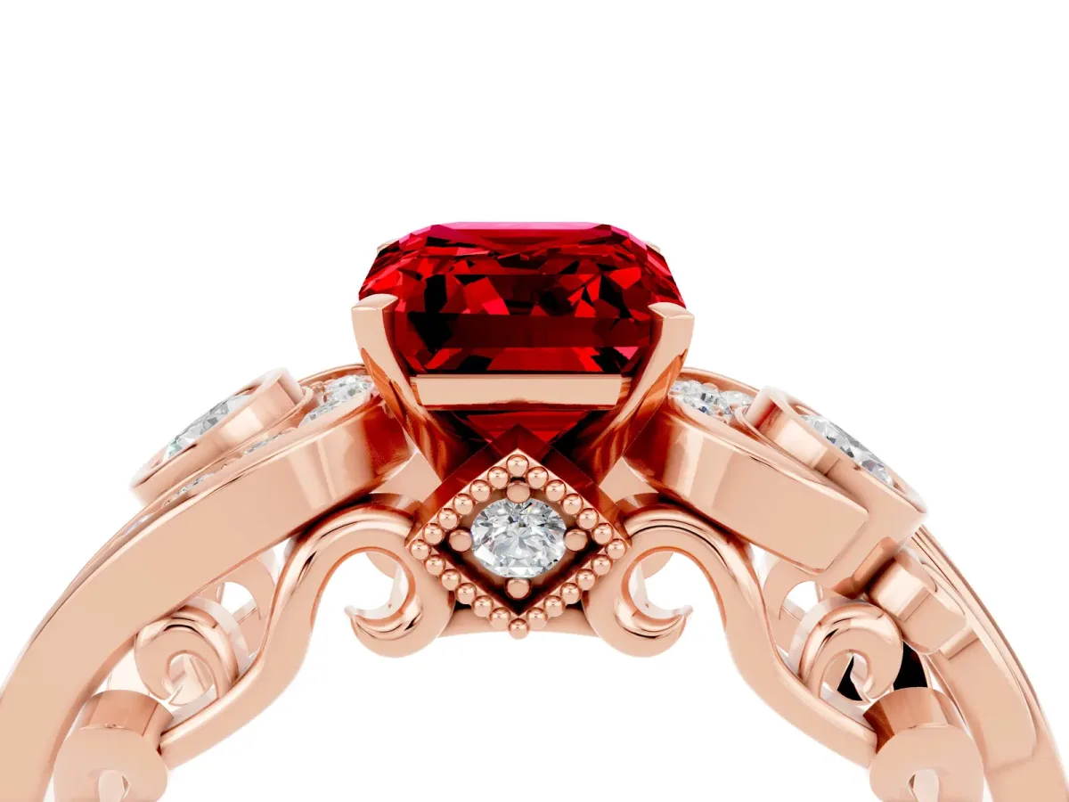 Emerald Cut Ruby Solitaire Ring with Milgrain Pavé Band and Four-Prong Setting Rose gold
