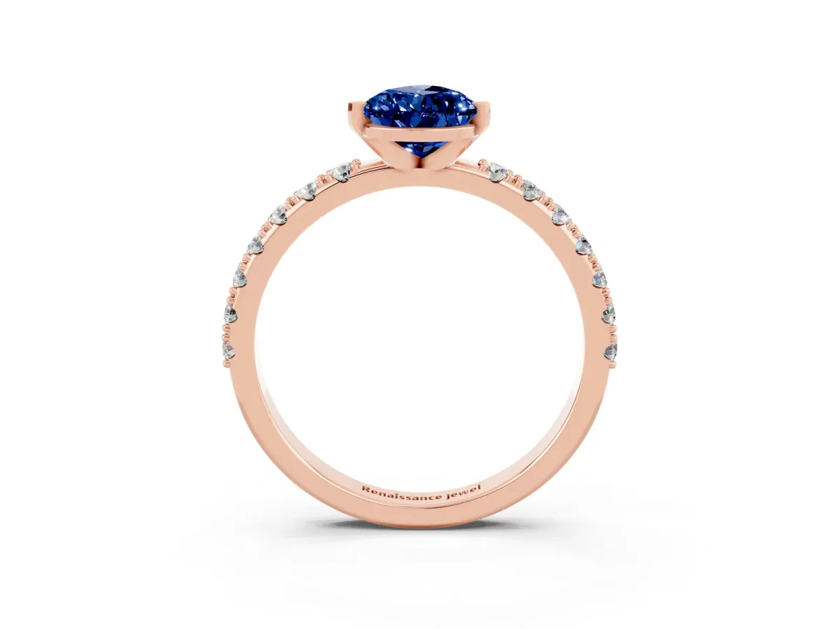 Pear Cut Blue Sapphire Solitaire Pavé Band with Four-Prong Setting Rose gold