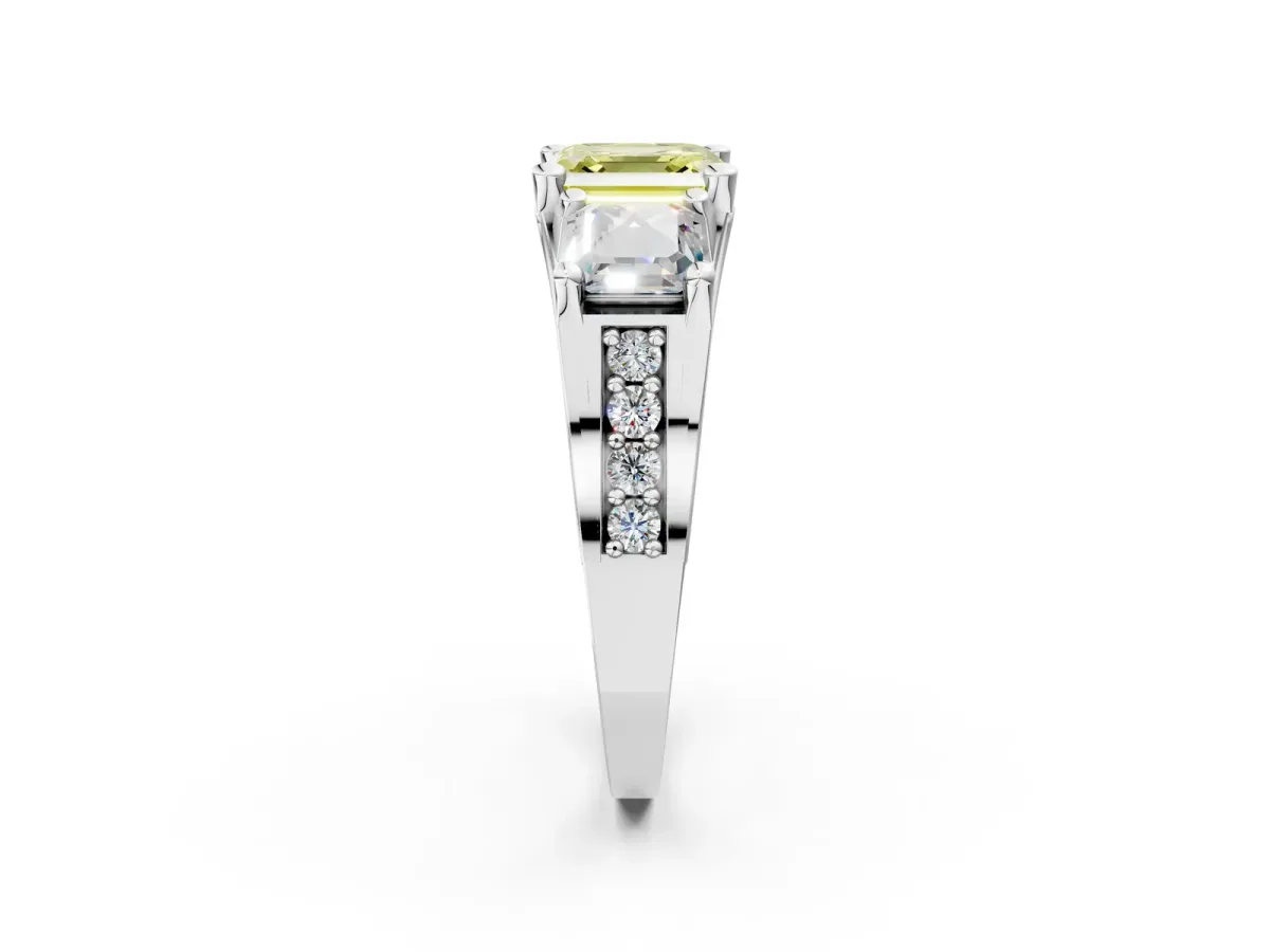 Fancy Yellow Asscher Cut Diamond Three-Stone Ring with Channel Set Band and Four-Prong Setting Platinum