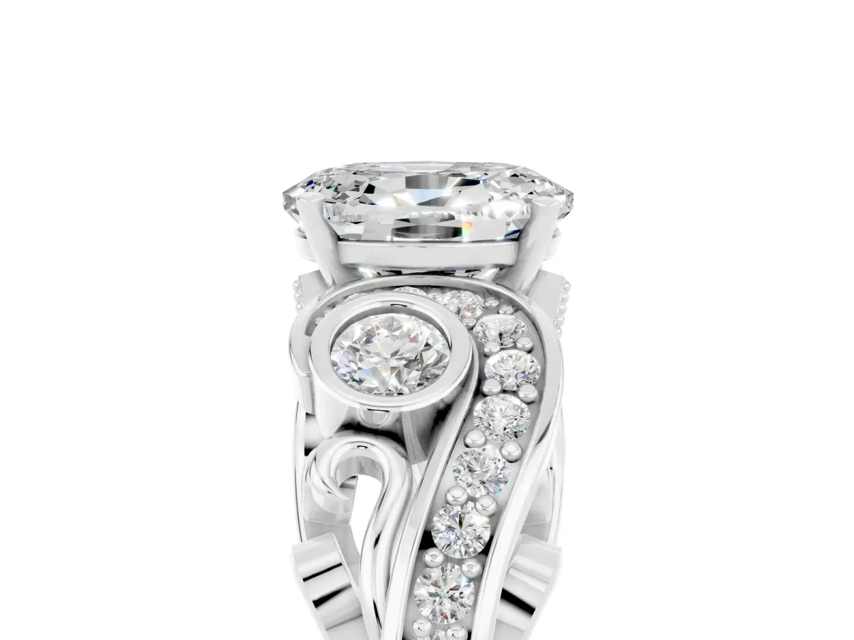 Oval Cut Moissanite Solitaire Ring with Milgrain Pavé Band and Four-Prong Setting Silver