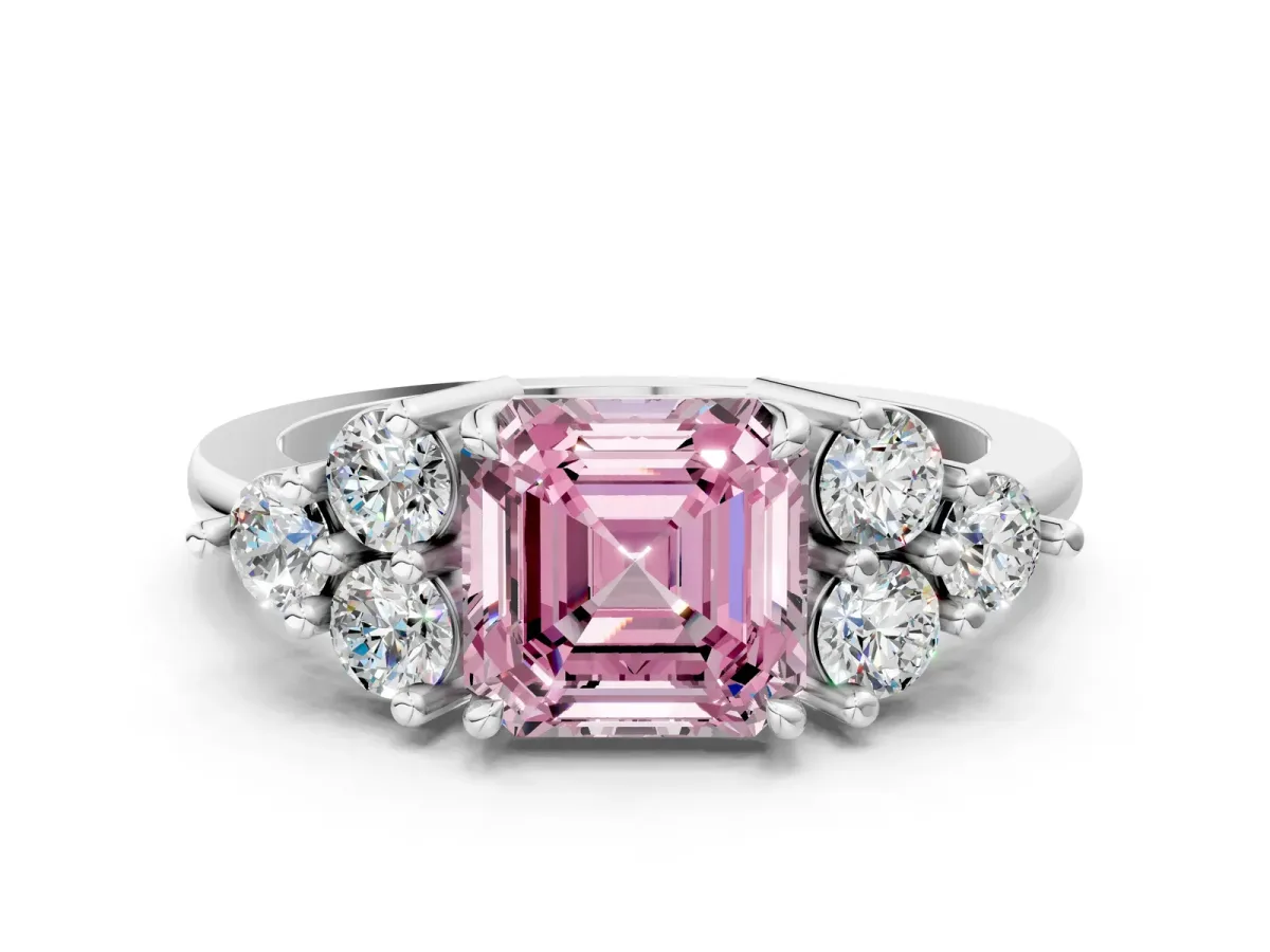 Fancy Pink Asscher Cut Brilliant Diamond Cluster Accent Solitaire Ring with Prong Setting Platinum
