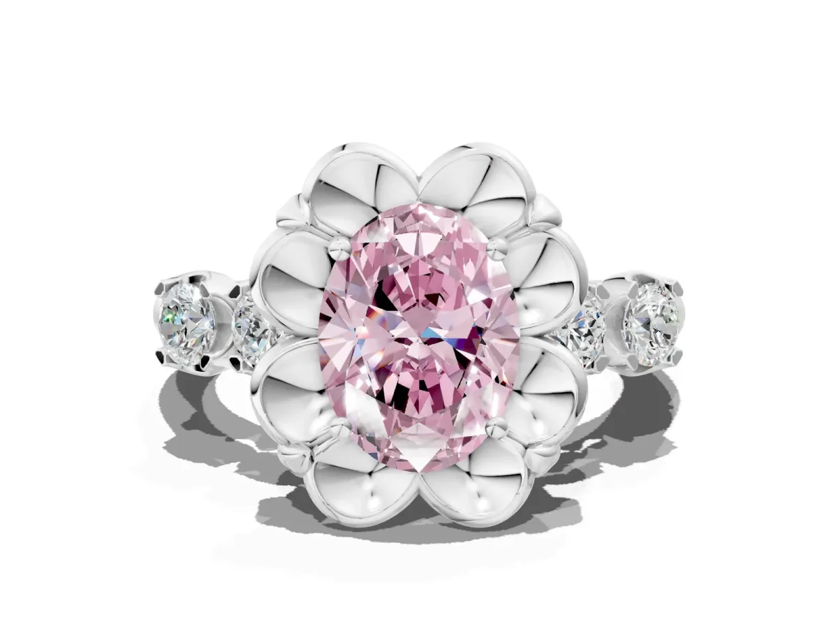 Fancy Pink Oval Cut Cut Diamond Floral Halo Engagement Ring with Shared Prong Setting Silver