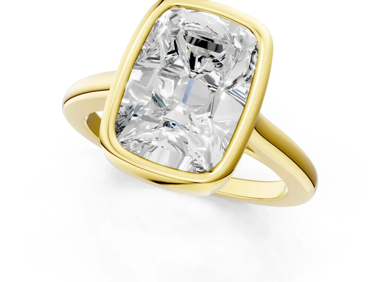 Old Mine Elongated Cushion Diamond Bezel Set Ring Yellow gold