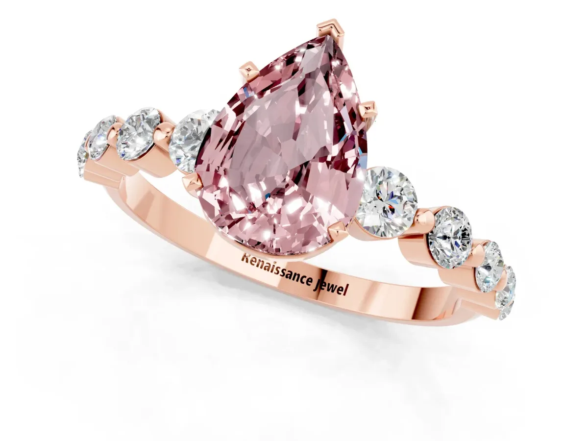 Pear Cut Solitaire Morganite Ring with Pave Band and Four-Prong Setting Rose gold