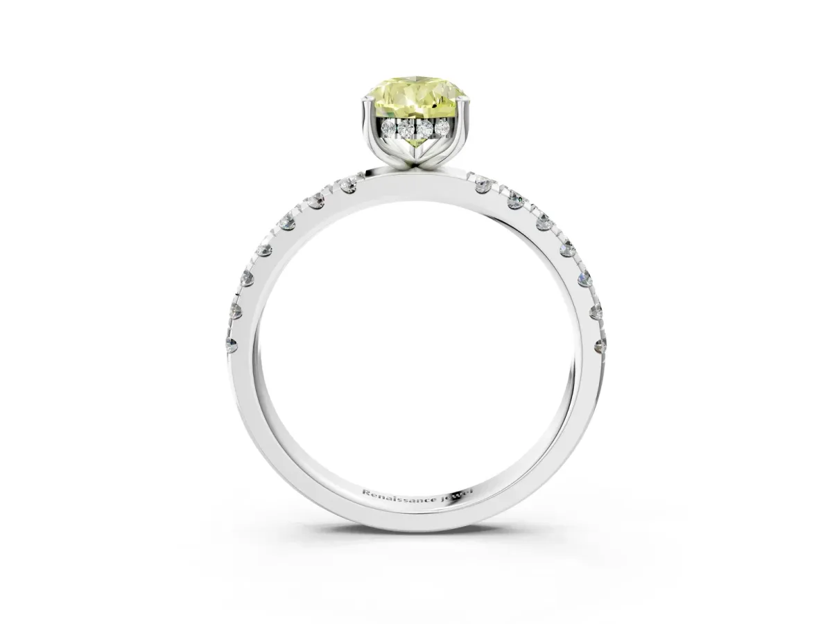 Fancy Yellow Pear Cut Diamond Pave Band Solitaire Ring with Round and Prong Setting Platinum