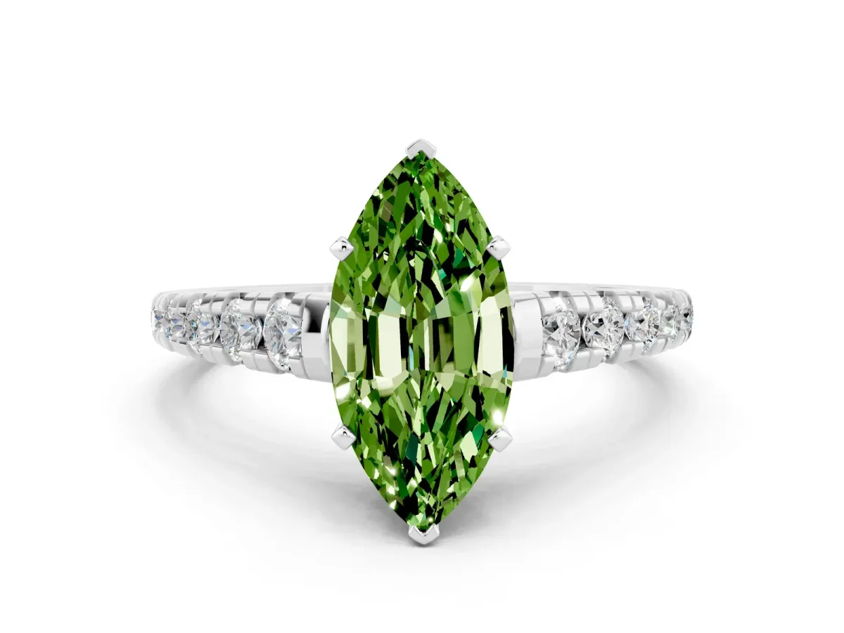 Marquise Cut Peridot Cathedral Solitaire Ring with Round Pavé Band Silver