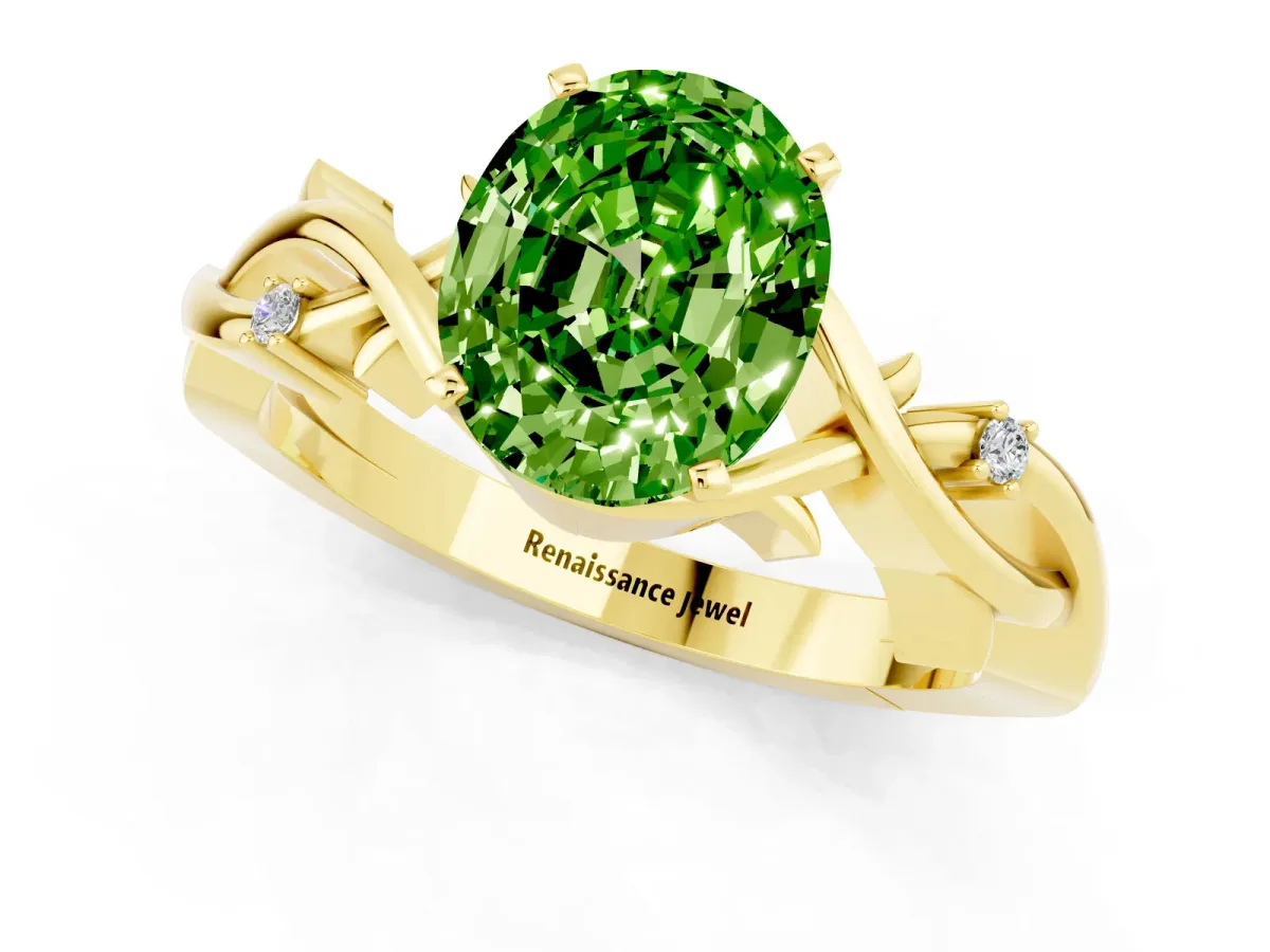 Oval Cut Peridot Solitaire Ring with Twisted Band and Prong Setting Yellow gold