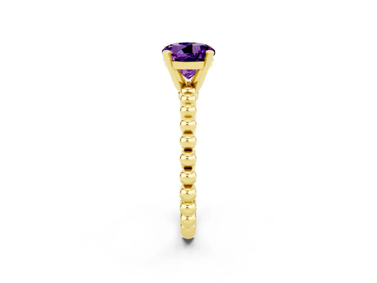 Round Cut Amethyst Solitaire Ring with Beaded Band and Prong Setting Yellow gold