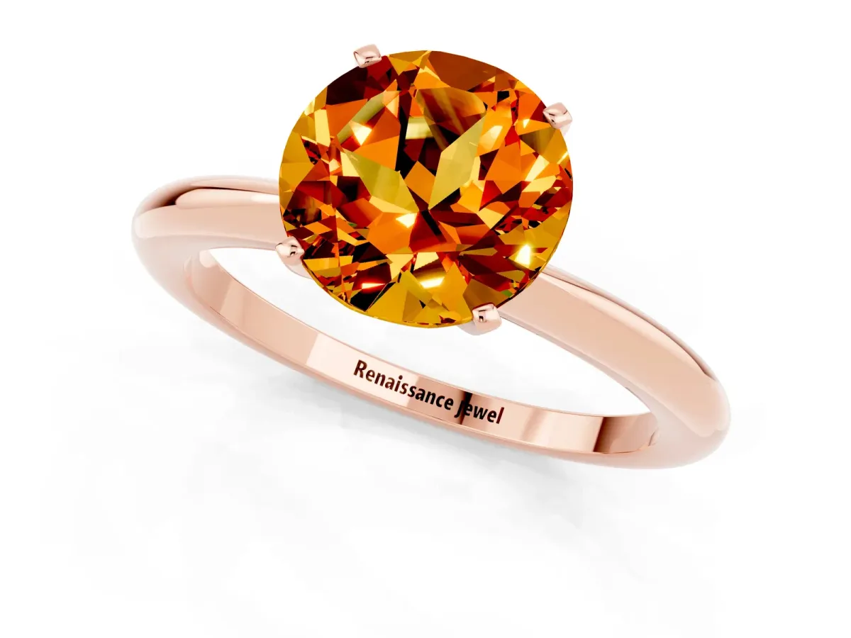 Round Cut Citrine Solitaire Ring with Six-Prong Setting and Classic Band Rose gold