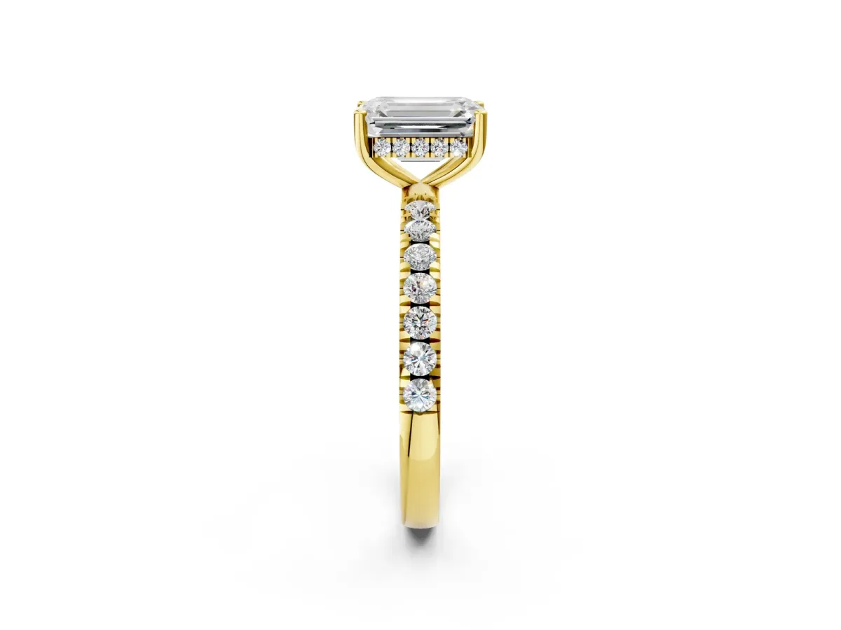 Emerald Cut Diamond Pave Band Solitaire Ring with Round and Prong Setting Yellow gold