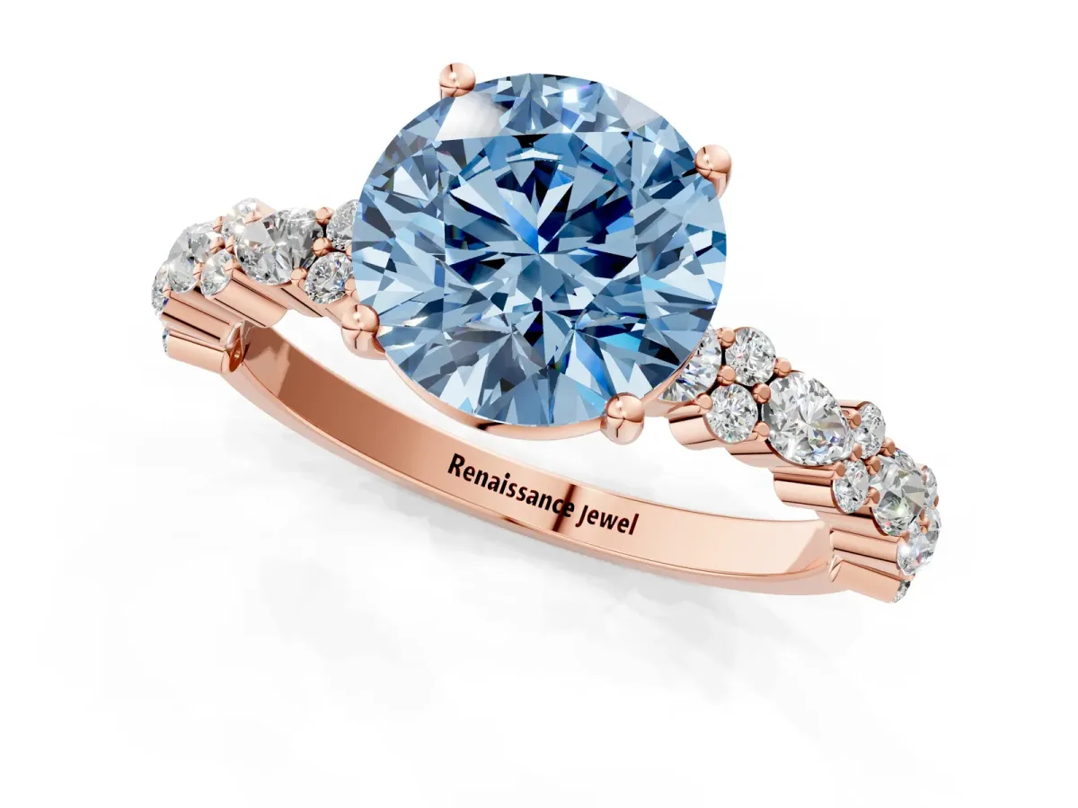 Fancy Blue Round Cut Diamond Side Stone Solitaire Ring with Round and Four-Prong Setting Rose gold