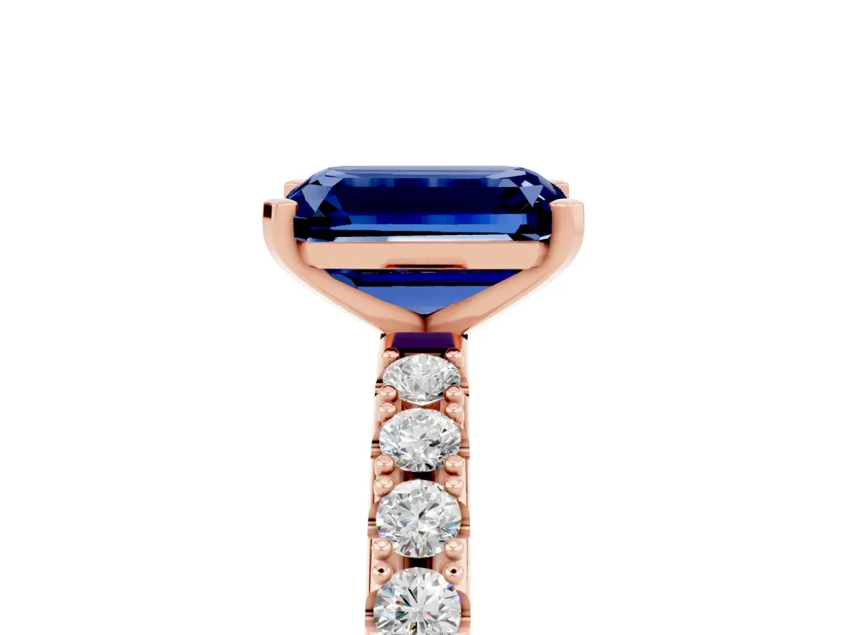 Emerald Cut Blue Sapphire Solitaire Pavé Band with Four-Prong Setting Rose gold