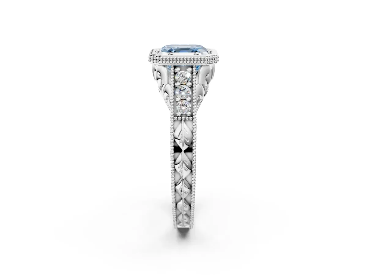 Fancy Blue Bezel Set Asscher Cut Diamond Milgrain Pave Engagement Ring Platinum
