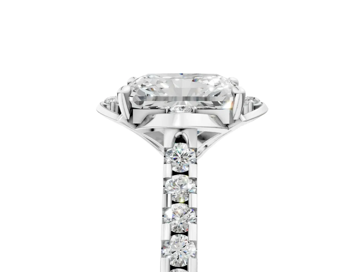 Radiant Cut Diamond Ring with Pavé Band and Floral Prong Setting Platinum
