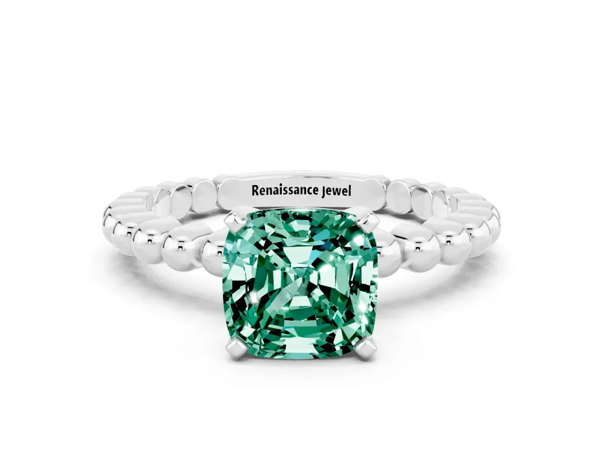 Cushion Cut Green Sapphire Solitaire Ring with Beaded Band and Prong Setting Silver
