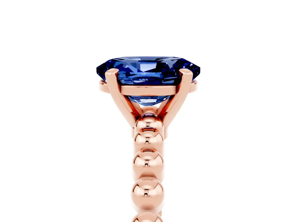 Oval Cut Blue Sapphire Solitaire Ring with Beaded Band and Prong Setting Rose gold