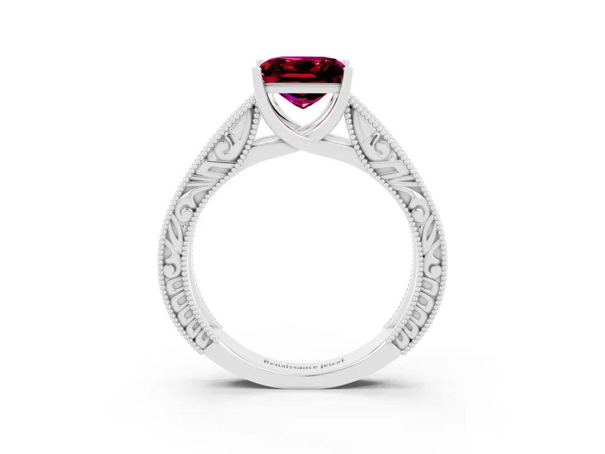 Princess Cut Garnet Solitaire Ring with Engraved Band and Four-Prong Setting White gold